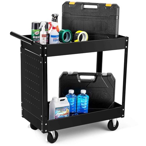 2 Tier Metal Utility Cart,330 Lbs Metal Heavy Duty Utility Cart On Wheels,2 Shelf Steel Rolling Tool Cart, Tool Storage Organizer for Mechanic, Garage, Workshop, Warehouse & Repair Shop