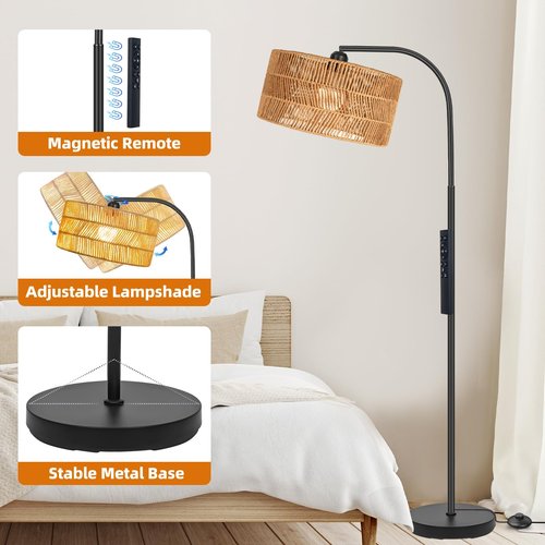 Brilvibera Rattan Floor Lamp- Boho Floor Lamp for Living Room, Rattan Standing Lamps with Dimmable Bulb, Adjustable Rattan Lamp Shades Bohemian Over Couch Lamps for Bedroom, Office