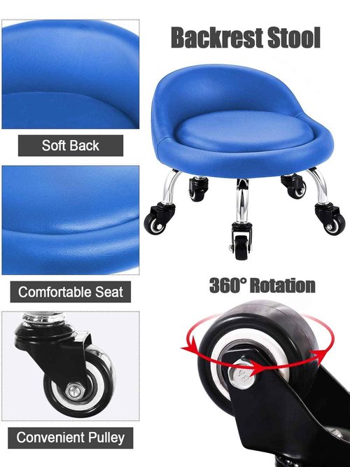 Lanstics Low Roller Seat Stool with Universal Swivel Wheels Leather Rolling Stool Seats with Cushion Backrest 360 Rolling Stools for Home Office Fitness (Blue)