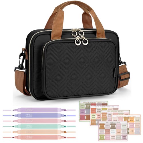 Heouvo Bible Cover Case for Women, Large Bible Bag Carrying Case with Shoulder Strap, Bible Study Supplies Bible Journaling Kit Book Carrying Case with Bible Highlighters Tabs Gift for Lady (Black)