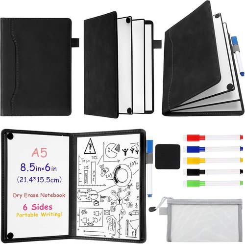 Feifeiya Portable 6-Sided Dry Erase Whiteboard Notebook - Anti-Ghosting Surface, 6"x9" (A5) for Travel & Study