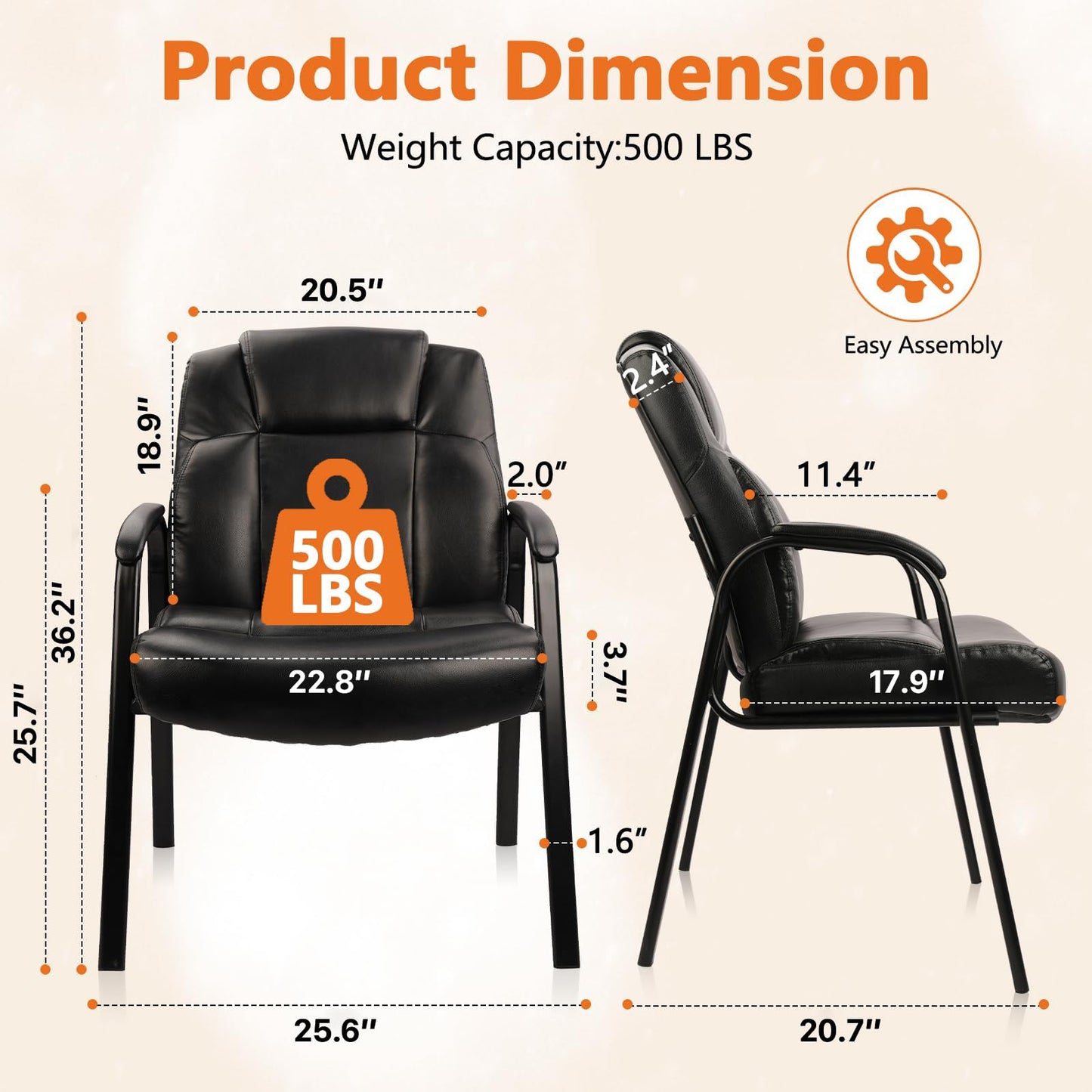 CLATINA Big & Tall 500 lb. Guest Chair, Leather Reception Chairs with Padded Arm Rest for Waiting Room Office Home and Meeting Conference-Black, 4 Pack