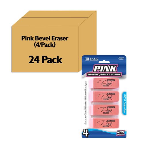 BAZIC Products Pink Eraser, Latex Free Bevel Erasers, Large Size Block Erasers for Art Drawing School Office Teachers (4/Pack), 24-Packs