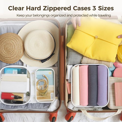Homaisson 6PCS Clear Zippered Hard Pouches Cases, 3 Sizes Hard Shell Zipper Case, Clear PET Hard Plastic Cosmetic Travel Bag Organizer Box Toiletry Bag, Zippered Storage Bin