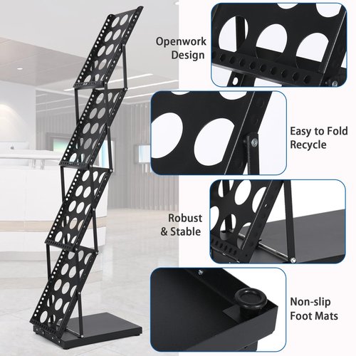 ZLDYPINK Brochure Display Stand Foldable Magazine Rack, Metal Brochure Holder Literature Rack with Carrying Bag, 4 Pockets Literature Stand for Exhibition Trade Show and Office Retail Store, Black