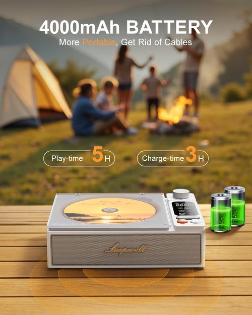 Leapwell CD Player Portable Bluetooth Desktop CD Players for Home with Speakers Rechargeable Small Retro CD Player with LCD Screen Optical USB White