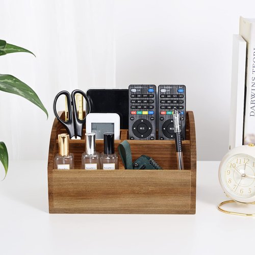 BONNY DODO Remote Control Holders Organizer Box for Table Small Solid Wooden Desk Farmhouse Home Decor Caddy Basket Store Tv Remote for Media Player,Pencil,Glassees&Office Supplies (Brown-M, M)