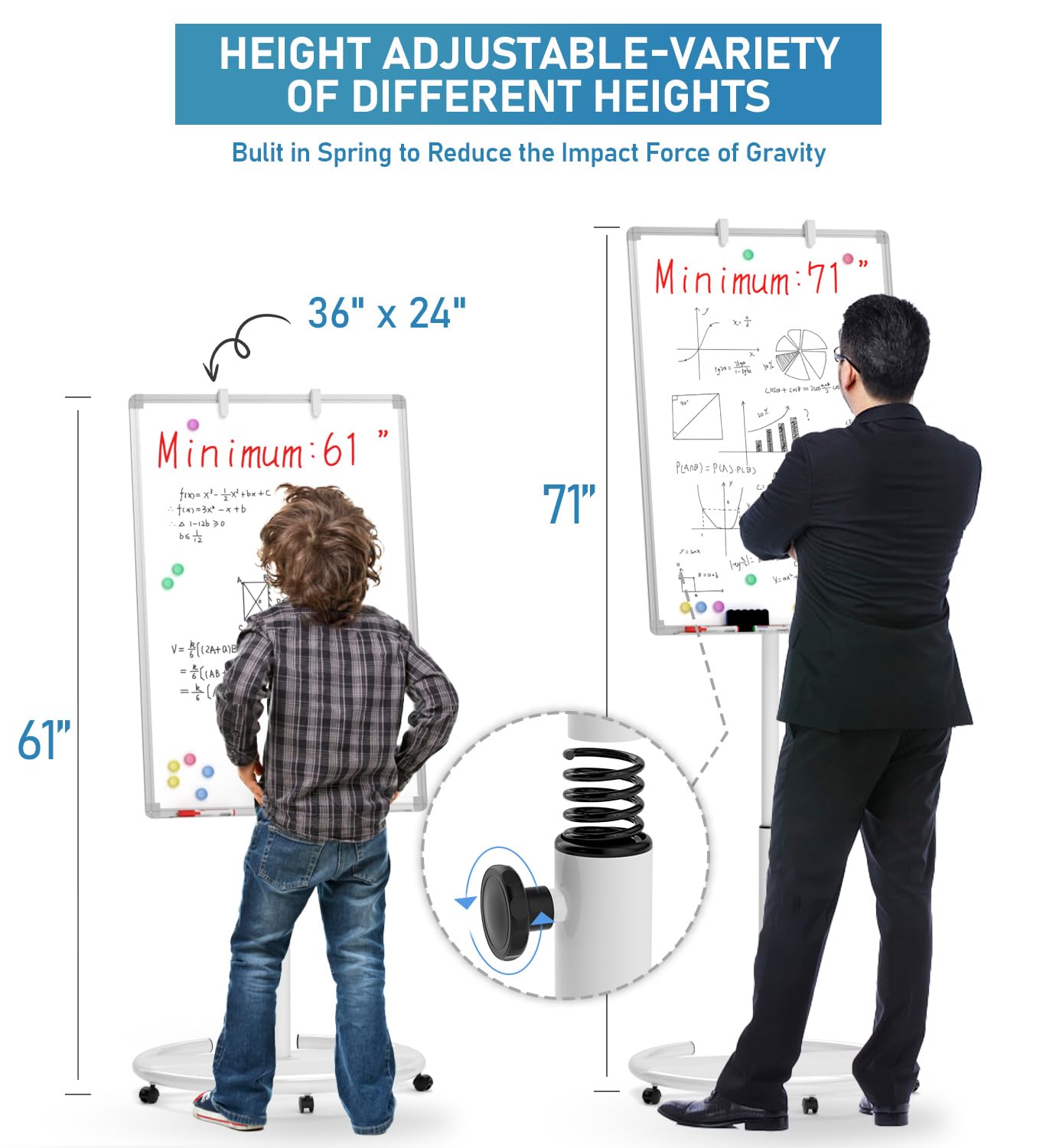 Nicpro Mobile Whiteboard 36"x 24" Magnetic Dry Erase Board, Height Adjustable Standing Easel with 5 Wheels, Flipchart Hooks, Rolling for Office Home or Classroom Teaching