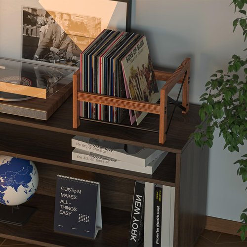 X-cosrack Vinyl Record Holder – 1 Pack Only – Fits 7"–12" Albums, Holds 50–100 Records, DVDs, or CDs – Modern Wooden Storage Stand, File Organizer Rack, Brown