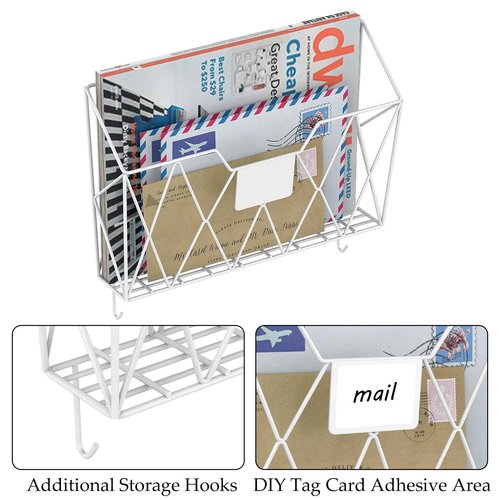 YBING Wall File Organizer White 6 Pack Mesh Hanging File Holder Organizer Metal Wire Mail Organizer Wall Mounted Office Papers Holder Hanging File Folders With Hooks