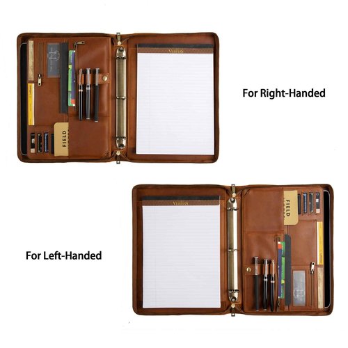 Leather Portfolio, Professional Binder Organizer for Lefty & Righty, 3 Ring Portfolio Personalized Zipper Binder, Leather Padfolio for Men (Brown, Standard)