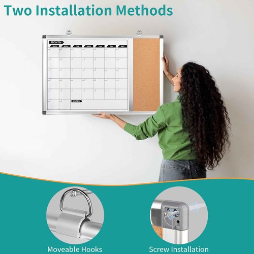 Magnetic Dry Erase Calendar Whiteboard Corkboard Combo, 36 x 24 Inch Monthly Calendar Whiteboard Bulletin Corkboard for Wall, Aluminum Frame with Dry Erase Markers, Magnets, Push Pins (36 x 24 Inch)