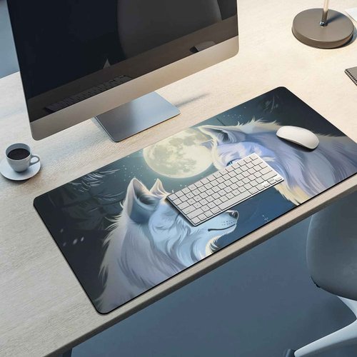 QEOPGNE Anime White Wolf Mousepad Large Wolves Mouse Pad Gaming Wolf Desk Mat Full Desk Keyboard Computer Pad Wildlife Animals Mouse Mat Office Desk Organizers and Accessories 35.4 x 15.7 Inch