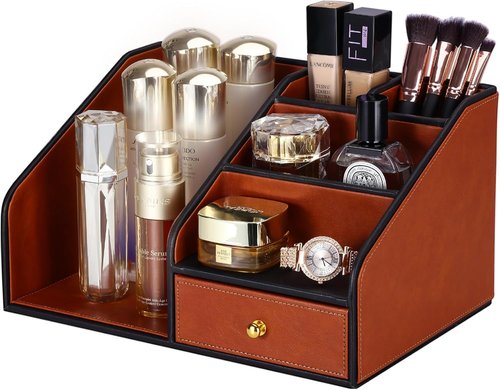 KINGFOM Desk Organizer - Multifunctional 6 Compartment PU Leather Holder for Office Supplies | Brown