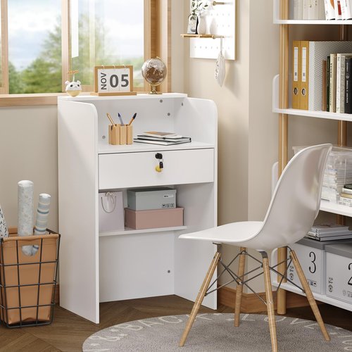 OmySalon Reception Desk with Counter, Small Front Desk w/Lockable Drawer, Wooden Modern Reception Table for Salon Lobby Office Home (White, 24)