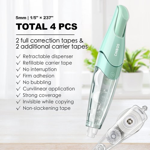 CINBOS Refillable Retractable White Correction Tape, White Smooth Pull Out Correction Tape with 2 Extra Refills, Cute Correction Tape for Office Supplies, 4 PCS (CS-25)