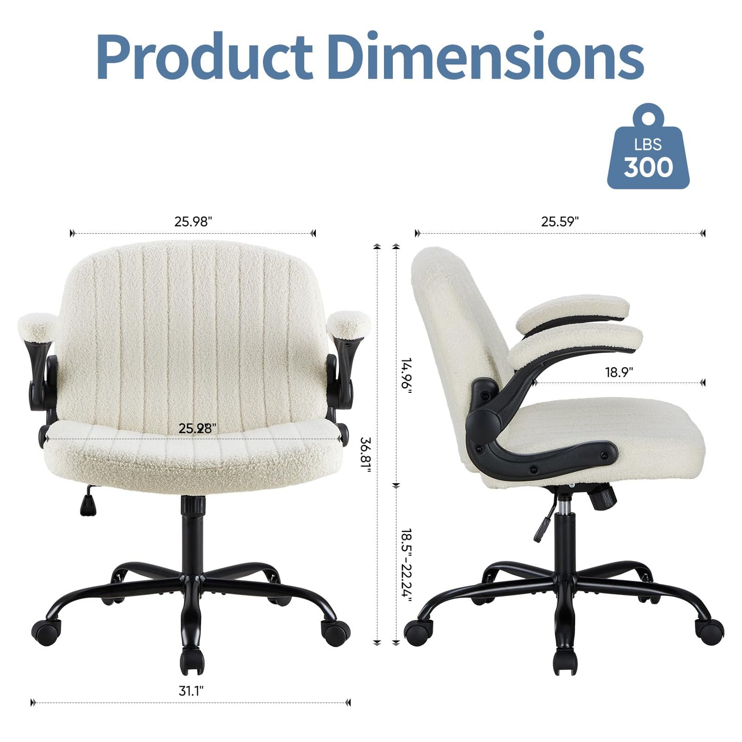 DUMOS Criss Cross Home Office Chair with Wheels, Wide Cross Legged Desk Vanity Chair Comfy Fabric Flip-Up Armrests Adjustable Swivel Chairs for Home Computer Bedroom, Beige