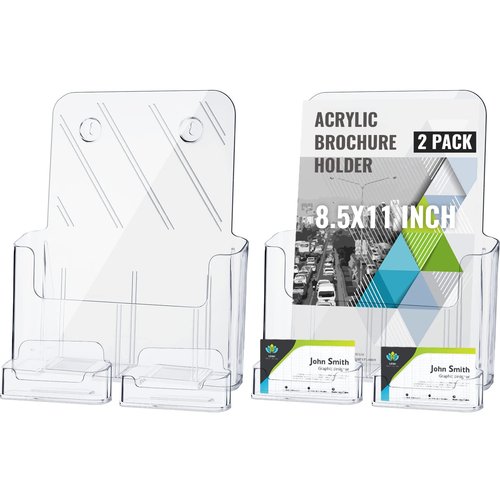 Outus 2 Sets 8.5 x 11'' Acrylic Brochure Holder with Business Card Holder Bifold Acrylic Literature Display Stand Half Page Flyer Display Magazine Pamphlet Booklet Stand for Desk Wall Mount
