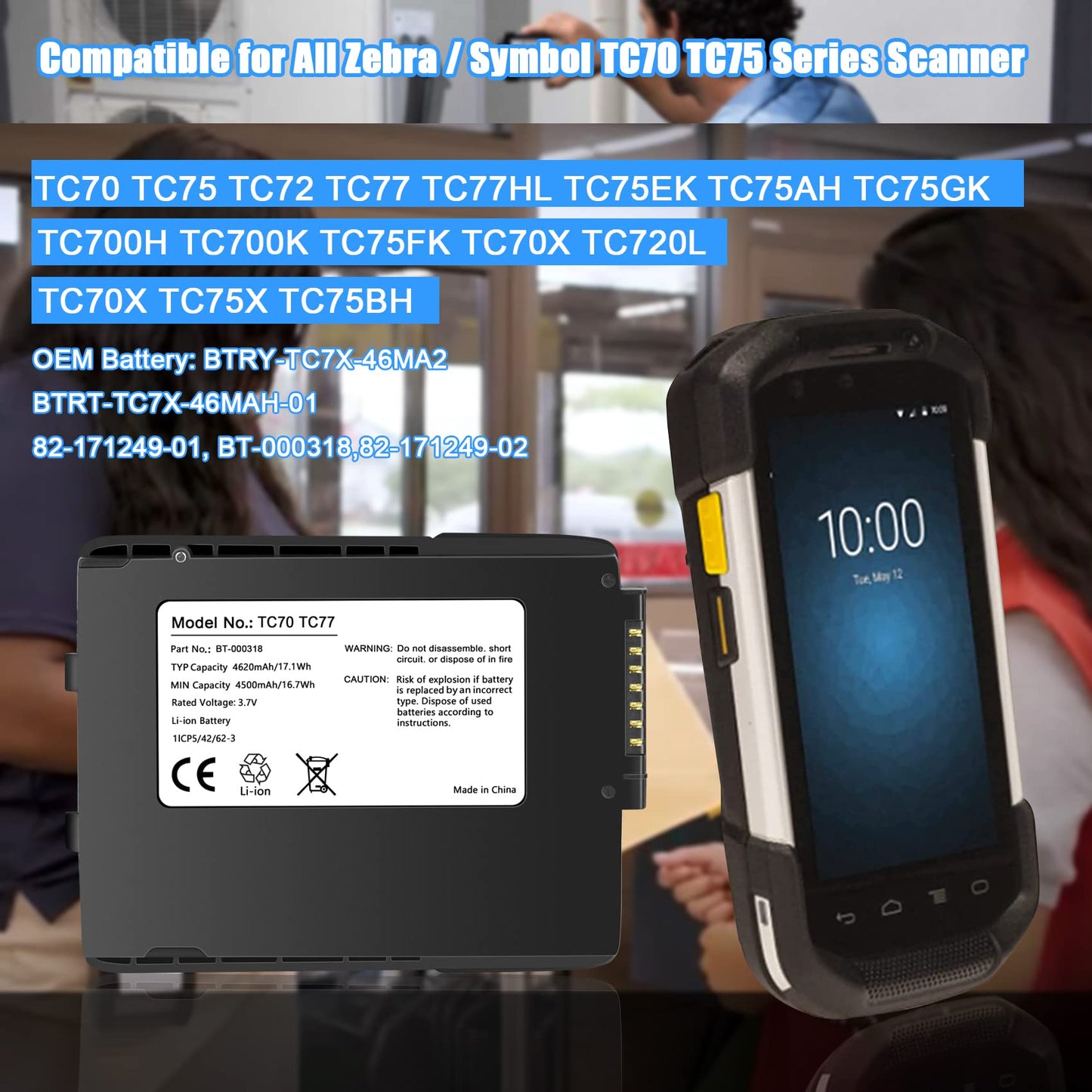 REACELL 4620mAh TC70 Battery TC77 Replace for Zebra Symbol TC77 BT-000318 TC75 TC70X BTRY-TC7X-46MA2 82-171249-01 82-171249-02 TC72 TC75GK TC720L TC700H TC77HL TC700K