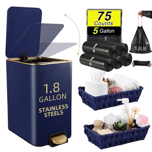 XLHOMO Small Bathroom Trash Can with Lid Soft Close, 1.8 Gallon Stainless Steel Garbage Can with Removable Inner Bucket,Wicker Storage Baskets,75Count Trash Bags, Slim Step Pedal Trash Bins