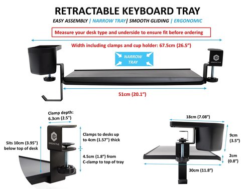 ErgoActive Small Size Keyboard Tray with Multi-Function Cup Holder, Clamp On Easy Installation, Desk Organizer (Small Tray) (with Cup Holder)