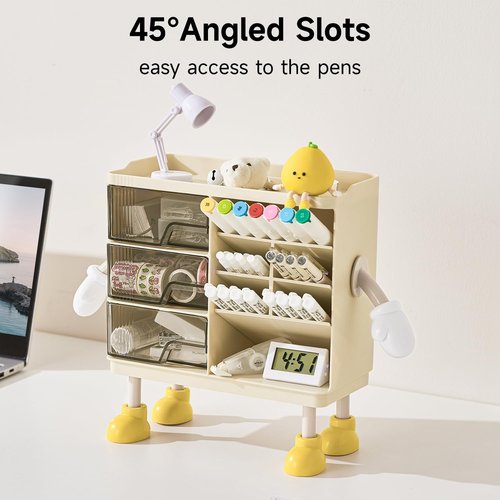 UFORU Desktop Organizer with 3M Adhesive Accessories, 3 Drawer Pencil Holder for Desk with Dividers, Perfect for Office Supplies, Stationery, and Small Items, Beige and Transparent Design