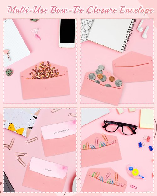 EORTA 10 Pieces Pink Envelopes with Bow Tie Closure, Paper Greeting Card Holders for Invitations Mail Postcard Bills Wedding Party Favors Business Cards, 8.66 x 4.33 Inches