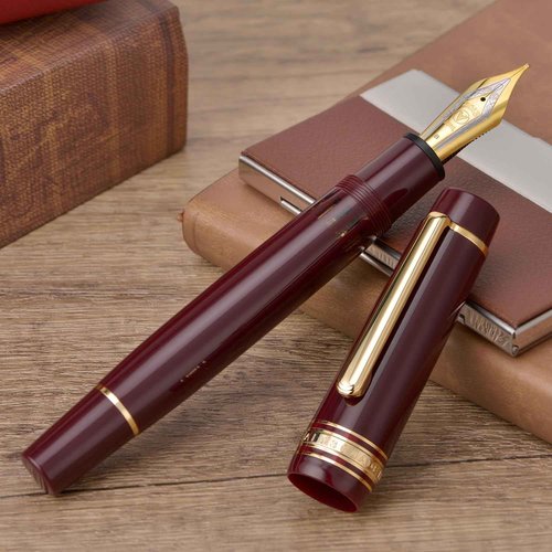 Yongsheng Junlai 930 Acrylic Fountain Pen, Size 9 Medium Nib with Piston Filling System, Wine Red Fence Ink Tank with Flat Top Design Smooth Writing Pen (Gold Trim)