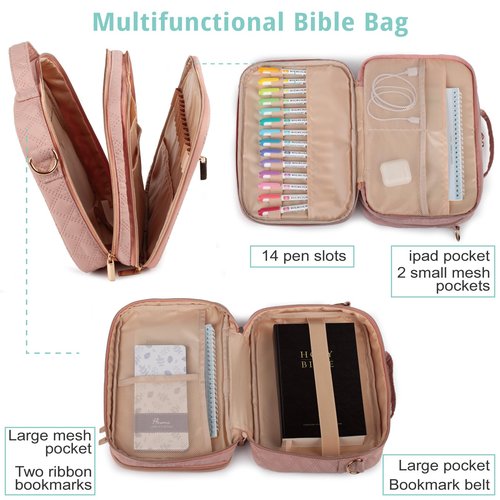 Bunnychill 2 Compartment Bible Cover for Women,Large Bible Case with Handles Shoulder Strap,Carrying Bible Bag Scripture Case Church Bag Bible Protective with Pocket