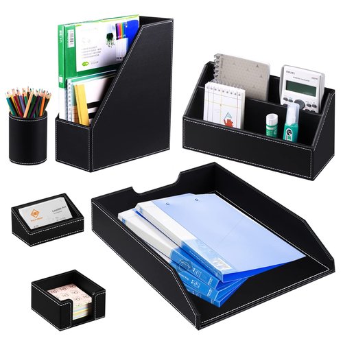 Office Desk Organizer and Workspace Accessories Storage Caddy for Men, Black Leather 6 PCS Set- Pencil Cup, Business Card Holder, Sticky Note Dispenser, Mail Sorter, Letter Tray, Magazine Holder