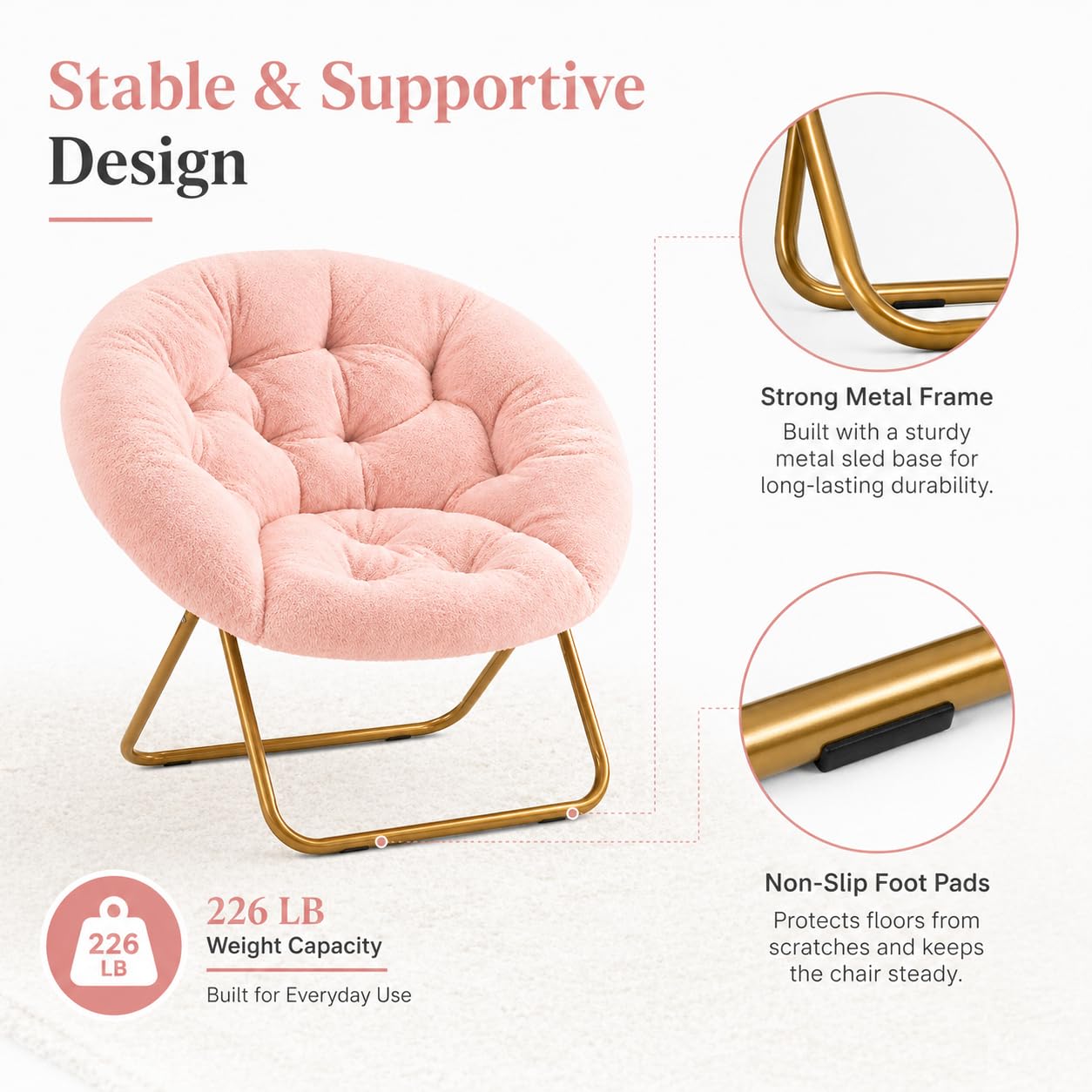 Simple Deluxe Comfy Chairs for Bedroom, Faux Fur Saucer Chair for Adults, Oversized Comfy Soft Saucer Chair, Padded Lazy Chair for Living Room Dorm Rooms, Pink