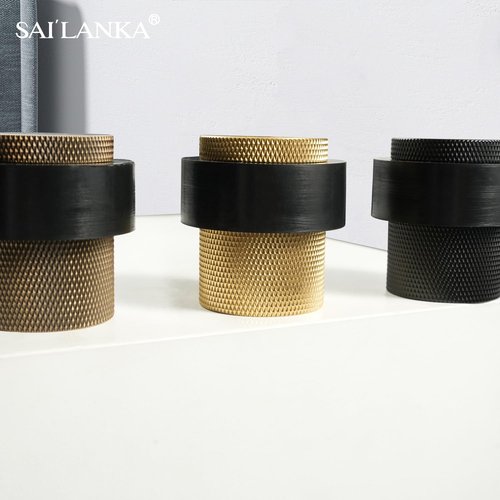 SAILANKA Solid Brass Door Stopper Heavy Duty Cylindrical Floor Mount Door Stop with Rubber, Wall Protector Mounted Doorstop Protect Door Knobs, 1-3/5" Height, 4 Pack, Brushed Brass