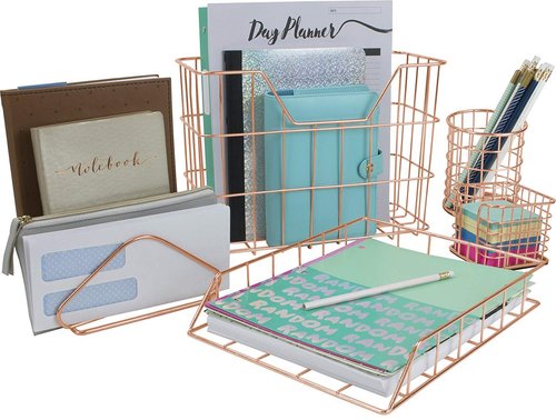 Sorbus Desk Organizer Set, Rose Gold 5-Piece Desk Accessories Set Includes Pencil Cup Holder, Letter Sorter, Letter Tray, Hanging File Organizer, and Sticky Note holder for Home or Office (Copper)