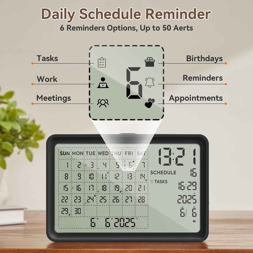 Digital Calendar, Digital Desk Planner with Schedule Reminder Clock with Day and Date, Chargeable 8 Inch Large Display Electronic Calendar Office Home School Family for Wall Mount & Desktop 2025-2055 (Black, 8 inch)