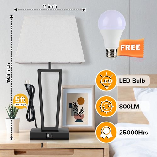 LEDIKON Touch Control Bedside Table Lamps Set of 2, 3-Way Dimmable Modern Black Nightstand Lamps with USB-C & USB-A Ports and LED Bulbs for Bedroom, Living Room, Office