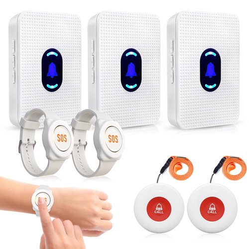 Daytech Wireless Caregiver Pager Call Button Elderly Nurse Alert System for Elderly Monitoring/Seniors with 2 SOS Call Panic Buttons & 2 Watch Pagers, 500+Feet 3 Receivers