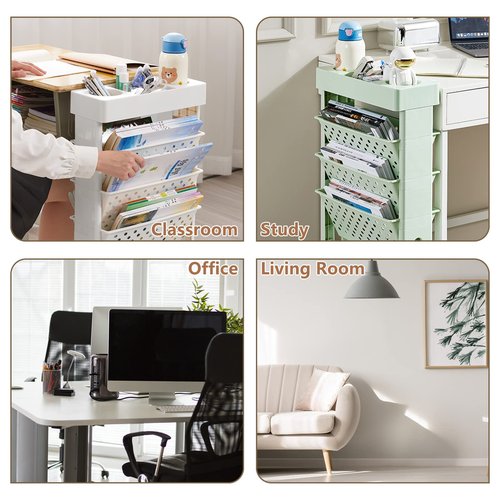 CINPIUK Rolling Office Paper Organizer, Mobile Book Cart Document Folder File Storage with Pen Holder, Slim Rolling Storage Cart Movable Bookshelf for Office, Dorm, Classroom, Nursery, Green