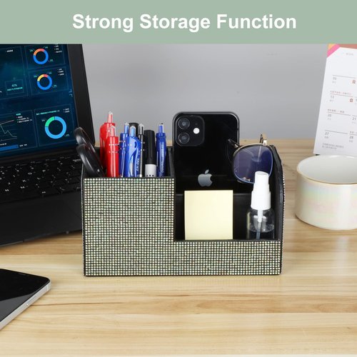 Desk Pen Pencil Holder Bling Pasted Rhinestones Paper Stationery Storage Box, Multi-functional Organizer for Pen,Pencil,Cell phone,Business Name Cards,Eye Glasses,Remote Control Holder (Color)