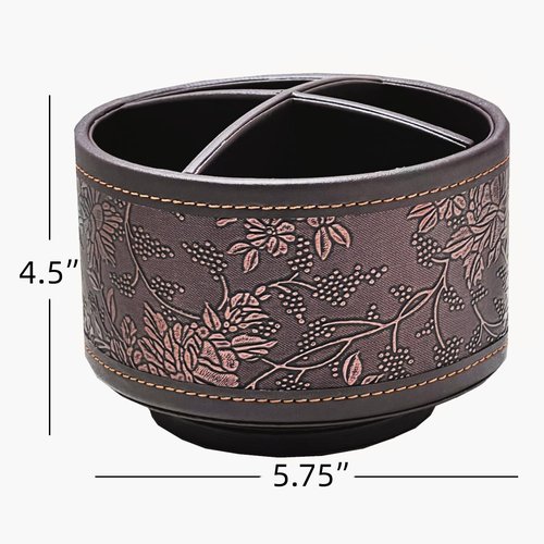 PU Leather Round TV Remote Control Holder for Table,360° Swivel Office Supply Desktop Organizer,4 Compartments Phone/Pen/Pencil Holder,Suitable for Stationery/Heater Controllers Etc (Antique)