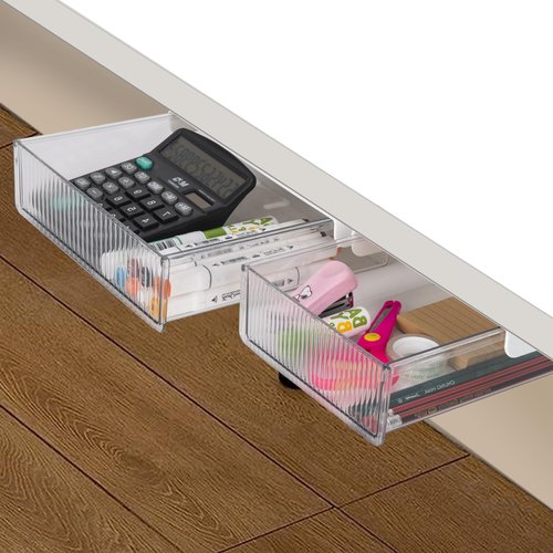 2 Pack Under Desk Storage Drawer Slide Out, Self Adhesive Under Table Drawer Organizer Clear