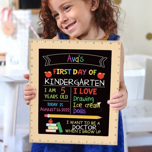 First and Last Day of School Board - First Day of School Sign with Wooden Ruler Frame - 1st Day of Kindergarten Preschool Chalkboard Photo Prop - Back to School Gifts for Kids Girls - 13 x 11 Inch