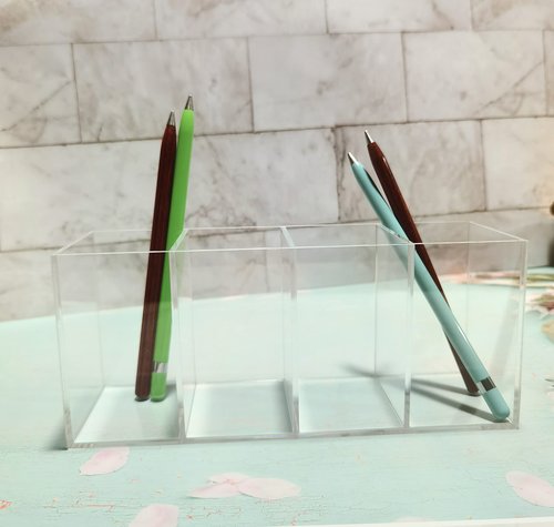 Acrylic Pen Holder Clear Pencil Organizer Makeup Brush Holder Countertop Desk Accessory Storage (4 Compartments)