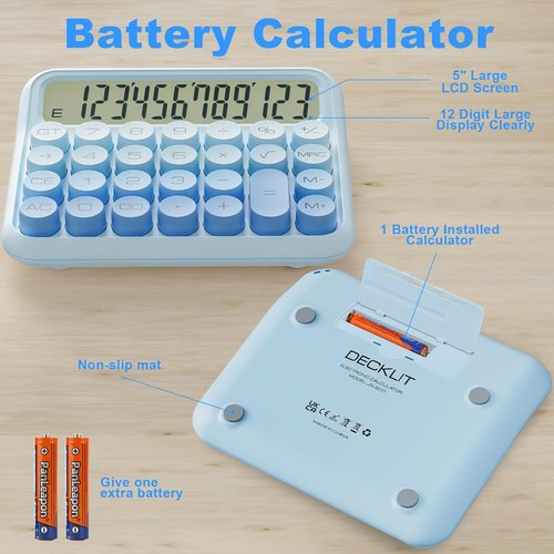 DECKLIT Mechanical Calculator - 12 Digit Extra Large 5-Inch LCD Display | Easy Press Buttons, 15° Tilt Screen (Cream)