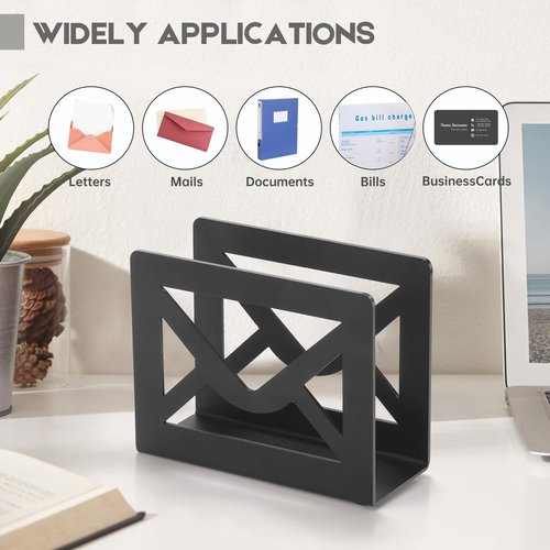 appacare Desktop Metal Mail Holder,Modern Black Letter Organizer for Desk with Cutout Envelope Design,Home and Office Envelope and Document Storage Rack (Black)