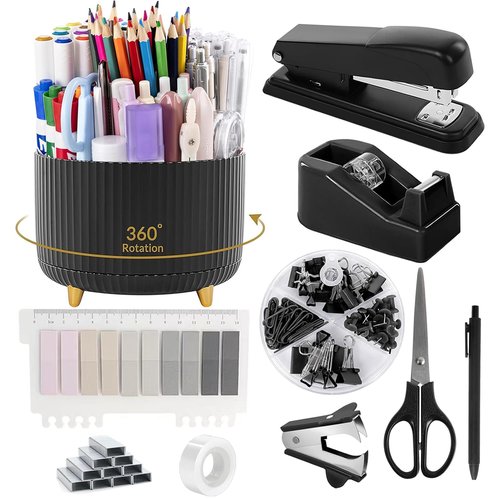 Black Office Supplies Set, Black Desk Organizer and Accessories 10pcs with 360°Pen Holder,Stapler and Tape Dispenser Set, Remover, Staples, Clips, Scissor,Sticky Notes and Pen for Women,Students