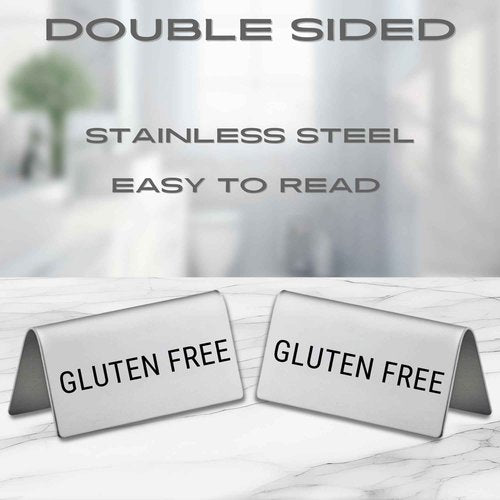 Gluten Free Stainless Steel Metal Table Tent Sign - 3" x 1-1/2" - Table Top Setting for Restaurants, Catering Businesses, Business. Great for Wedding, Banquet, Buffet, Party, Events. To Label Food Areas for Allergy Concerns-12 PK