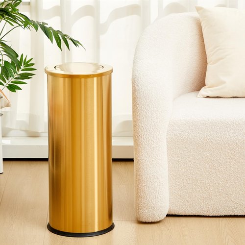 Reallnaive 30L/8GAL Gold Lidded Trash Can with 100 Garbage Bags Metallic Gold Brass Kitchen Garbage Bin with Flip Lid Commercial Compact Waste Basket for Shopping Centers, Elevator Doors, Hotels