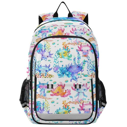 Glaphy Watercolor Cute Axolotl Backpack Lightweight Laptop Backpack School Bag Student Travel Daypack with Reflective Stripes