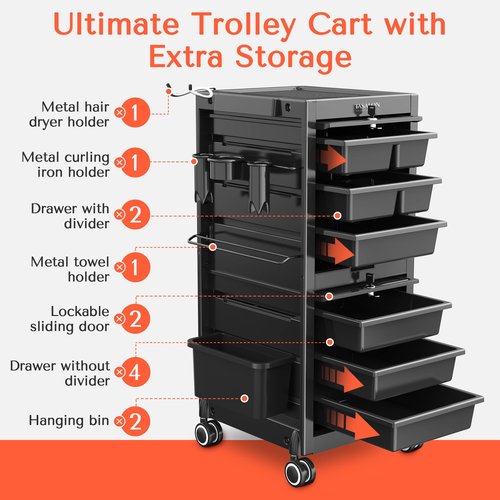 TASALON Professional Rolling Salon Cart, 6-Drawer Storage Trolley with Tool Holders, 33-Inch Height,Barber Shop Hairdressing Beauty Versatile Equipment Black