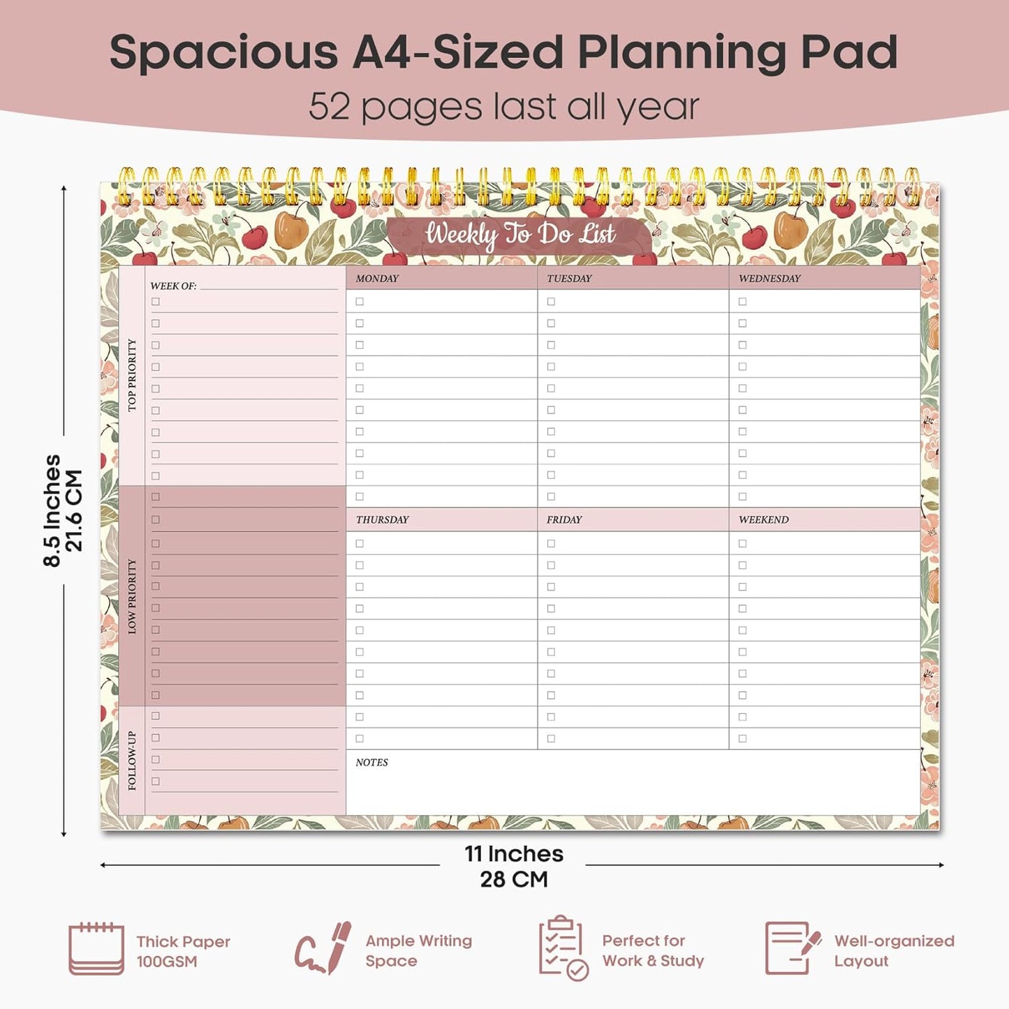 Taja Weekly To-Do List Notepad - 52 Undated Sheets | 8.5" x 11" Desk Planner for Work & Home - Cherry Orchard